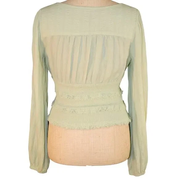 Free People Lolita Mint Green Smocked Square Neck Top Long Sleeve M - Picture 2 of 7